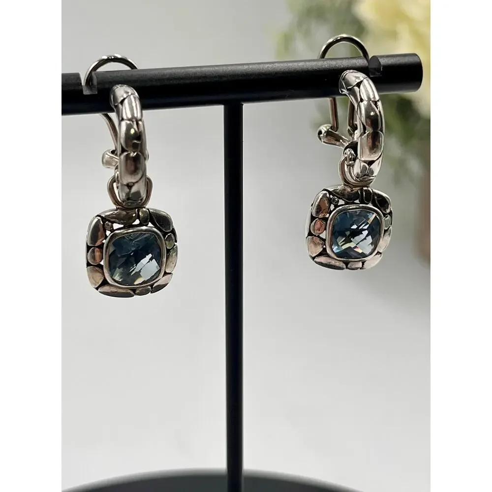 Sterling Silver 925 Faceted Blue CZ Bali Style Hoop‎ Dangle Earrings